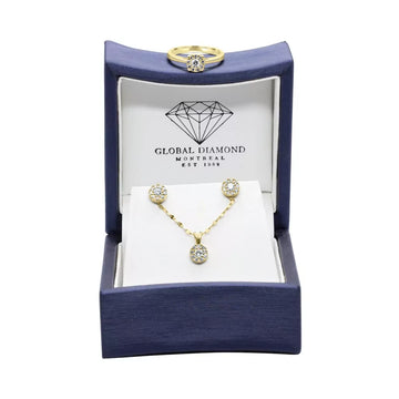 Ensemble pendentif, boucles d'oreilles et bague en diamant halo 0,82 (ct) en or 14 carats