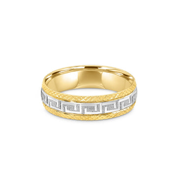 White and yellow greek key wedding band in yellow & white gold 6mm