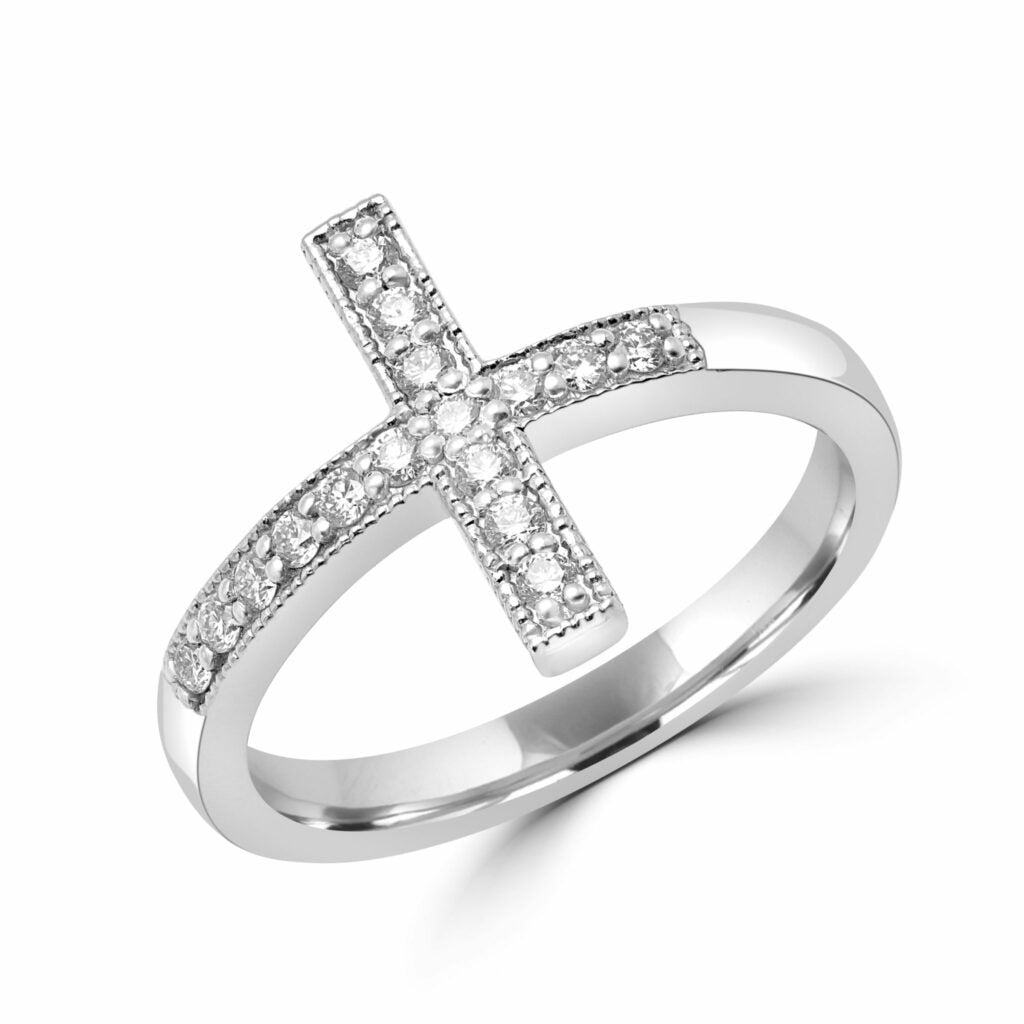 Elegant cross diamond ring in 10k white gold