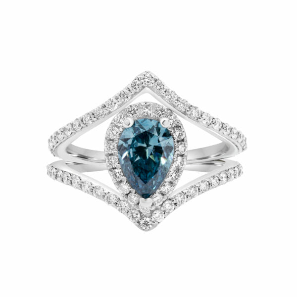 Bague avec diamants synthétiques bleus et blancs en forme de poire de 1,78 carat (ctw) en or 14 carats