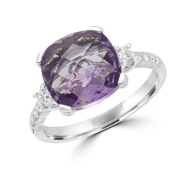 Cushion cut amethyst color CZ & diamond ring in 14k white gold