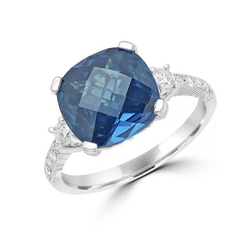 Cushion cut sapphire color CZ & diamond ring in 14k white gold