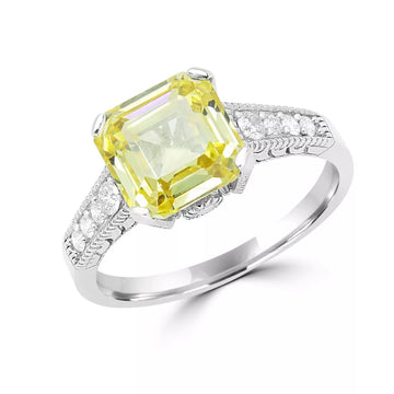 Exquisite canary yellow CZ & diamond ring in 14k white gold