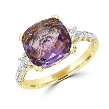 Cushion cut amethyst color CZ & diamond ring in 14k yellow gold