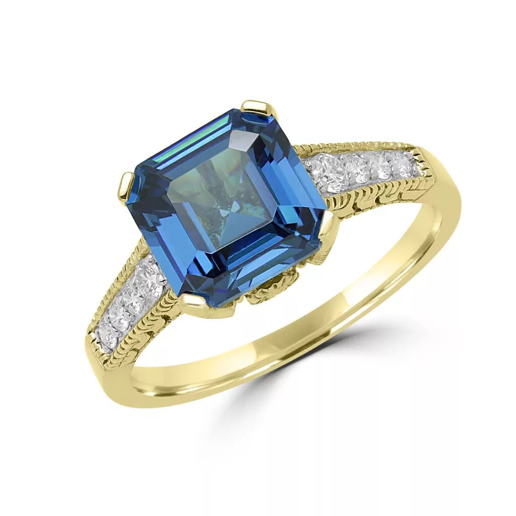 Bague exquise en zircone cubique bleue et diamant en or jaune 14 carats 