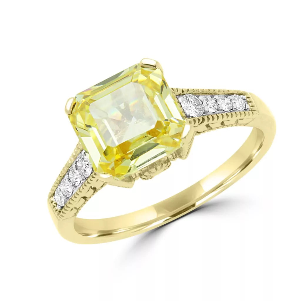 Splendide bague en diamant et zircone cubique jaune canari en or jaune 14 carats 