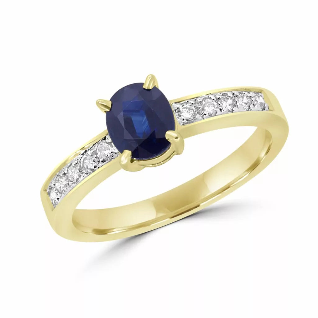 Bague saphir bleu vif et diamant 0,68 (ct) en or jaune 10 carats