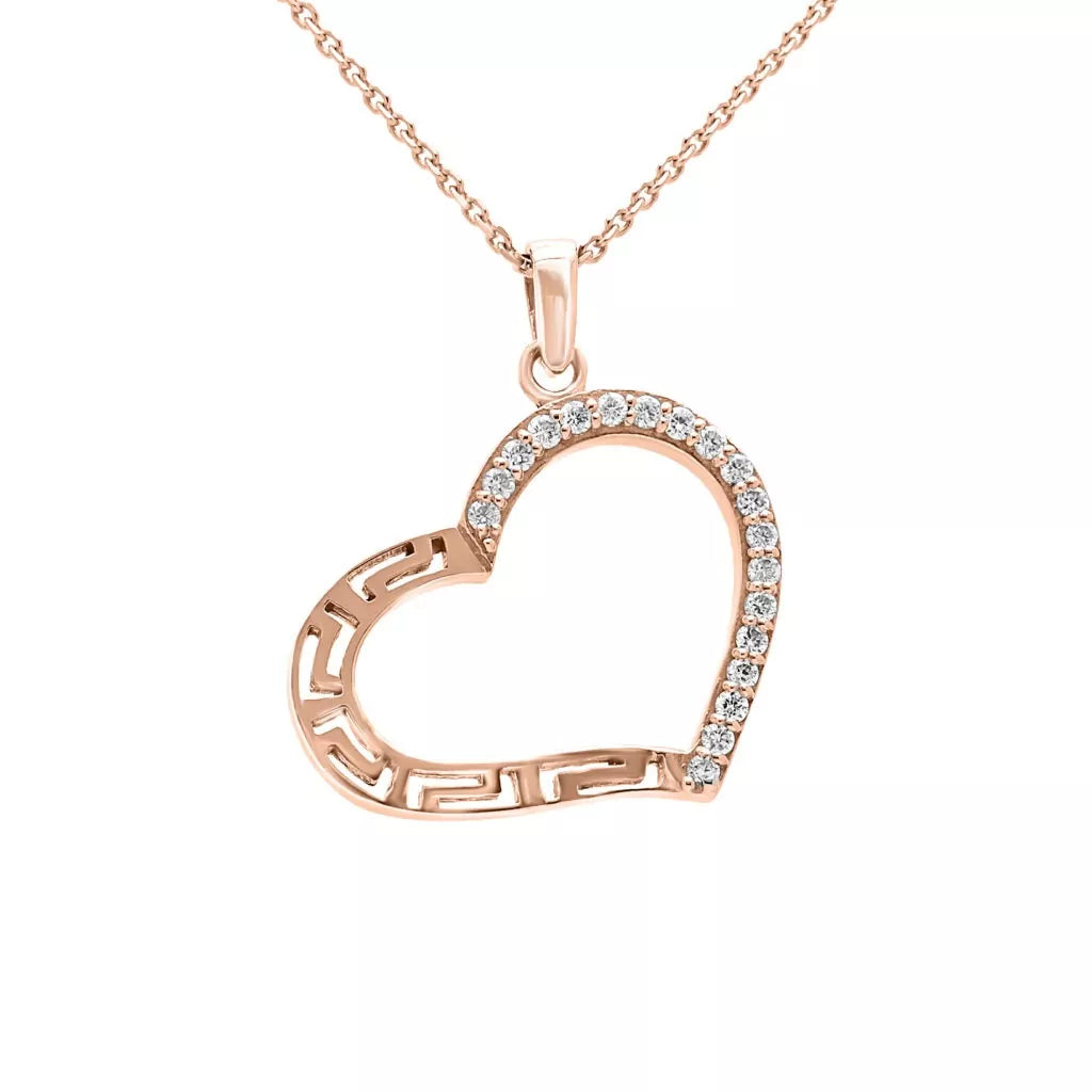 Adorable diamond greek key heart pendant in 10k rose gold