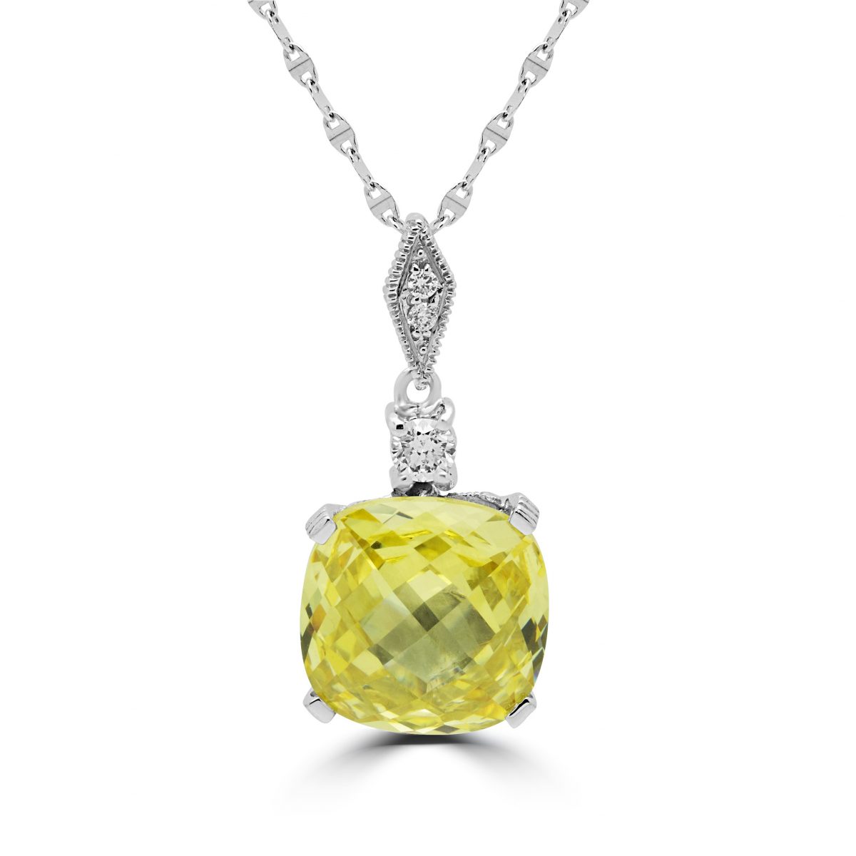Diamonds & fancy cushion cut pendant canary color Cubic Zirconia  in 14k white gold