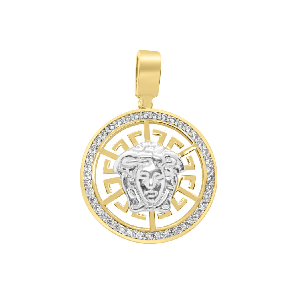 10K White and yellow gold greek key designer pendant with CZ