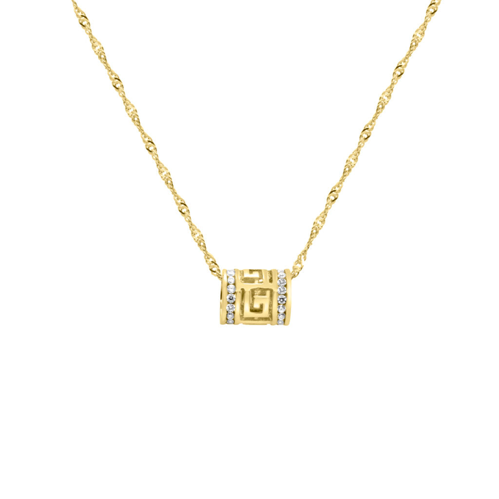 Pendentif clé grecque en or jaune 10 carats avec CZ | Chaîne 16″ incluse 