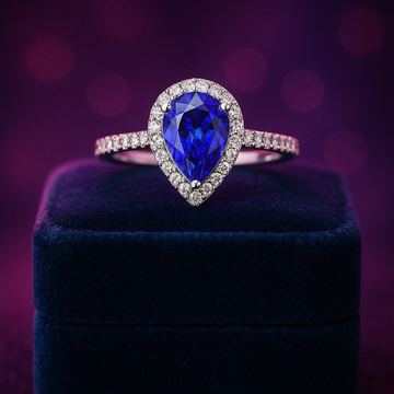Pear shape tanzanite 1.26 CT 0.38 CT Diamonds halo ring 14k white gold