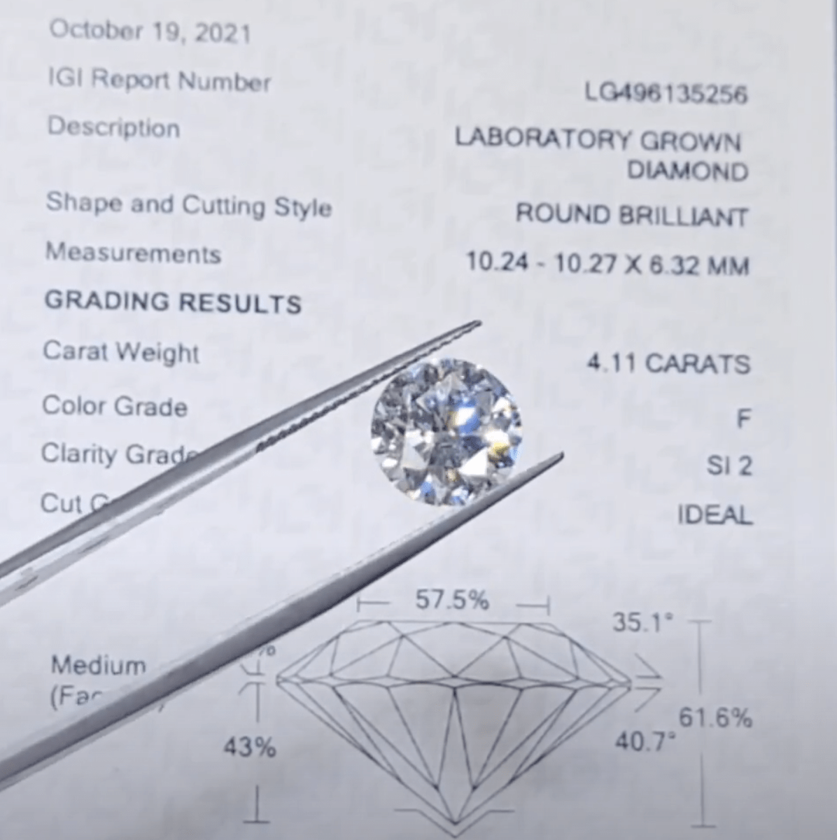 Round shape lab-grown diamond 4.11 ct si2 f