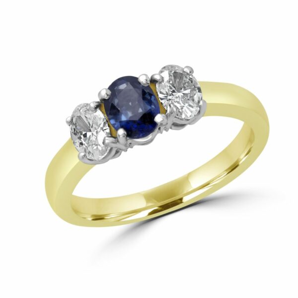 3 Stone Engagement Ring with Diamonds and Sapphires in 14k Yellow Gold