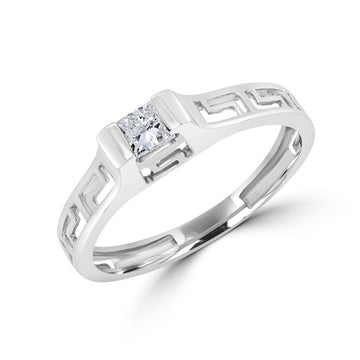 Princess cut solitaire ring with greek key setting in 14k white gold