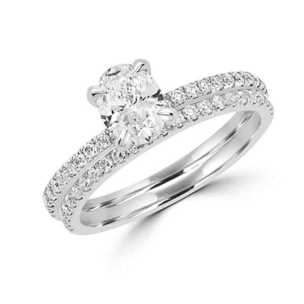 Ensemble de mariage solitaire ovale en or blanc 14 carats avec diamants naturels, poids total de 1,34 carat (ctw).