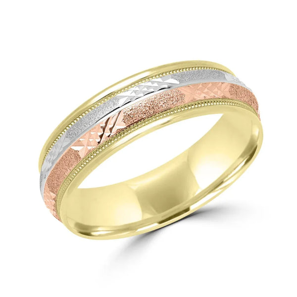 Enchanting white, yellow & rose gold wedding band 6mm