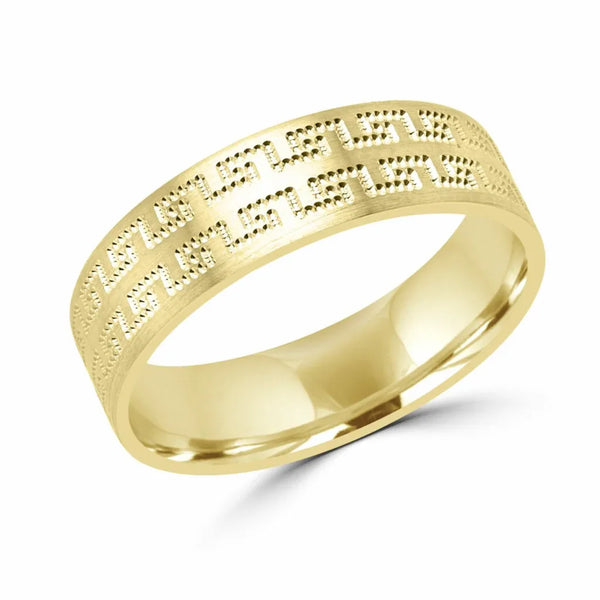 Dotted greek key yellow gold wedding band 6mm
