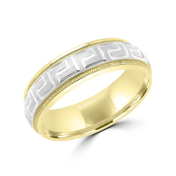 White and yellow greek key wedding band in yellow & white gold 6mm