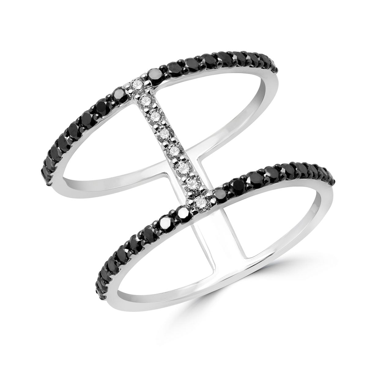 Semi-eternity black and white diamond ring in 14k white gold