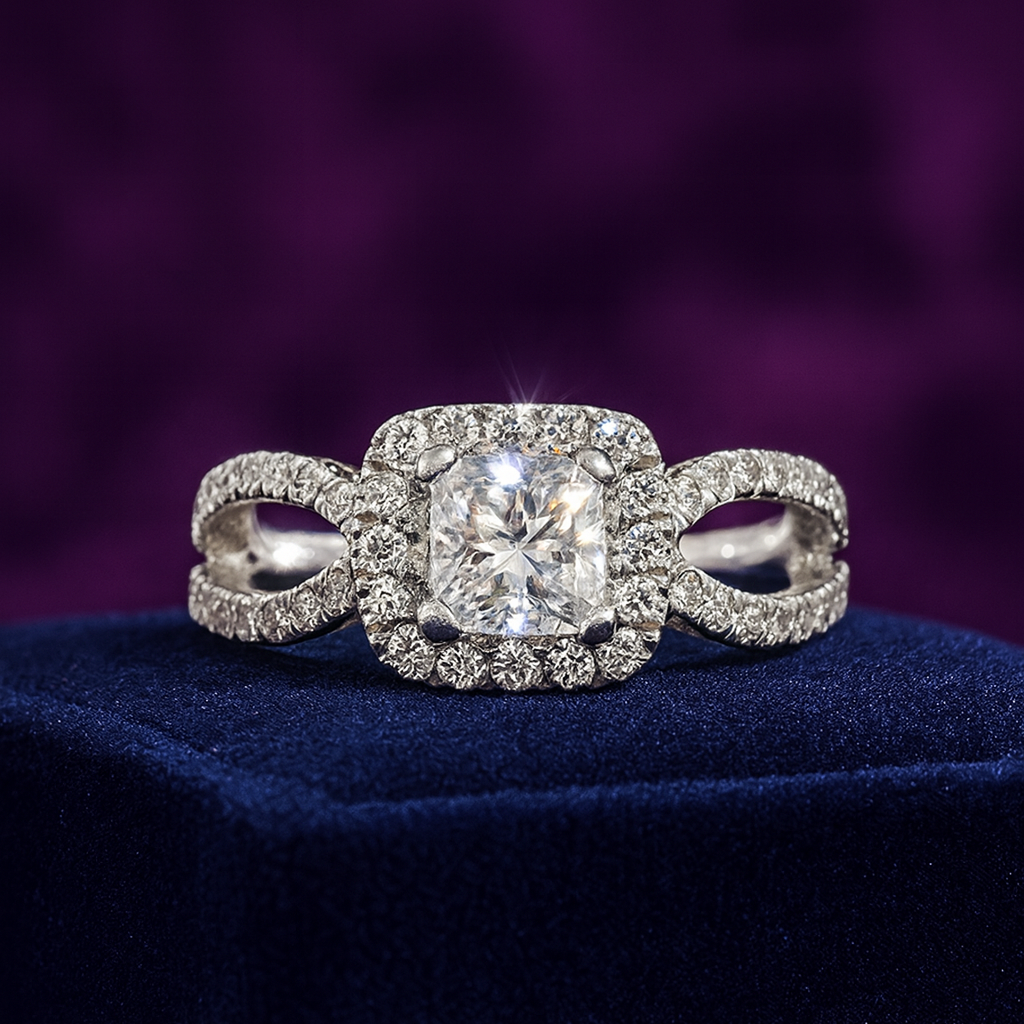 1.03 Carat (ctw)Cushion cut Halo Engagement Ring in 14k White Gold