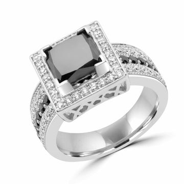Bague halo de diamants noirs et blancs taille princesse de 4,53 carats (ctw) en or 10 carats