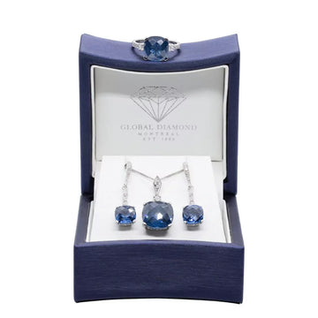 Cushion cut sapphire color CZ & diamond set in 14k white gold