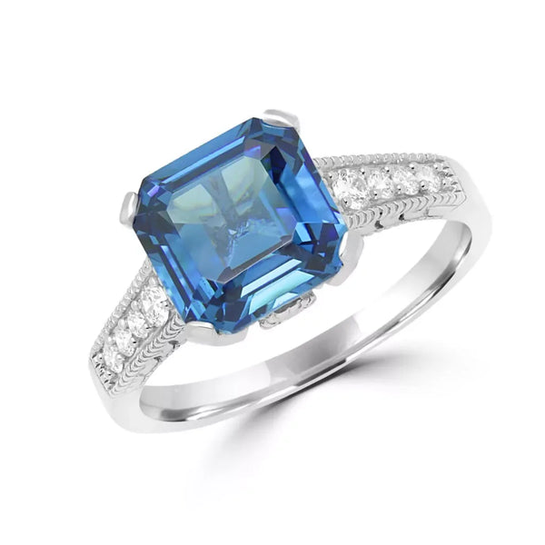 Exquisite blue CZ & diamond ring in 14k white gold