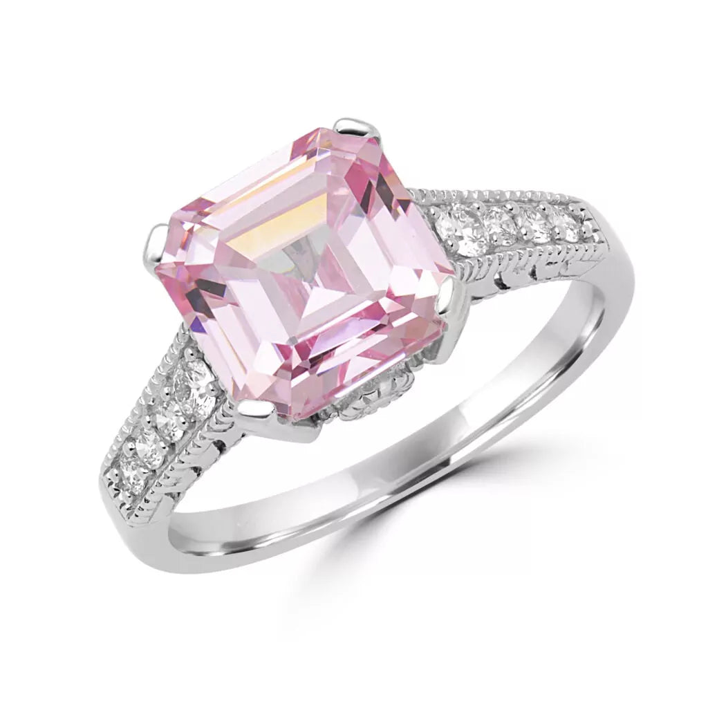 Exquisite pink CZ & diamond ring in 14k white gold