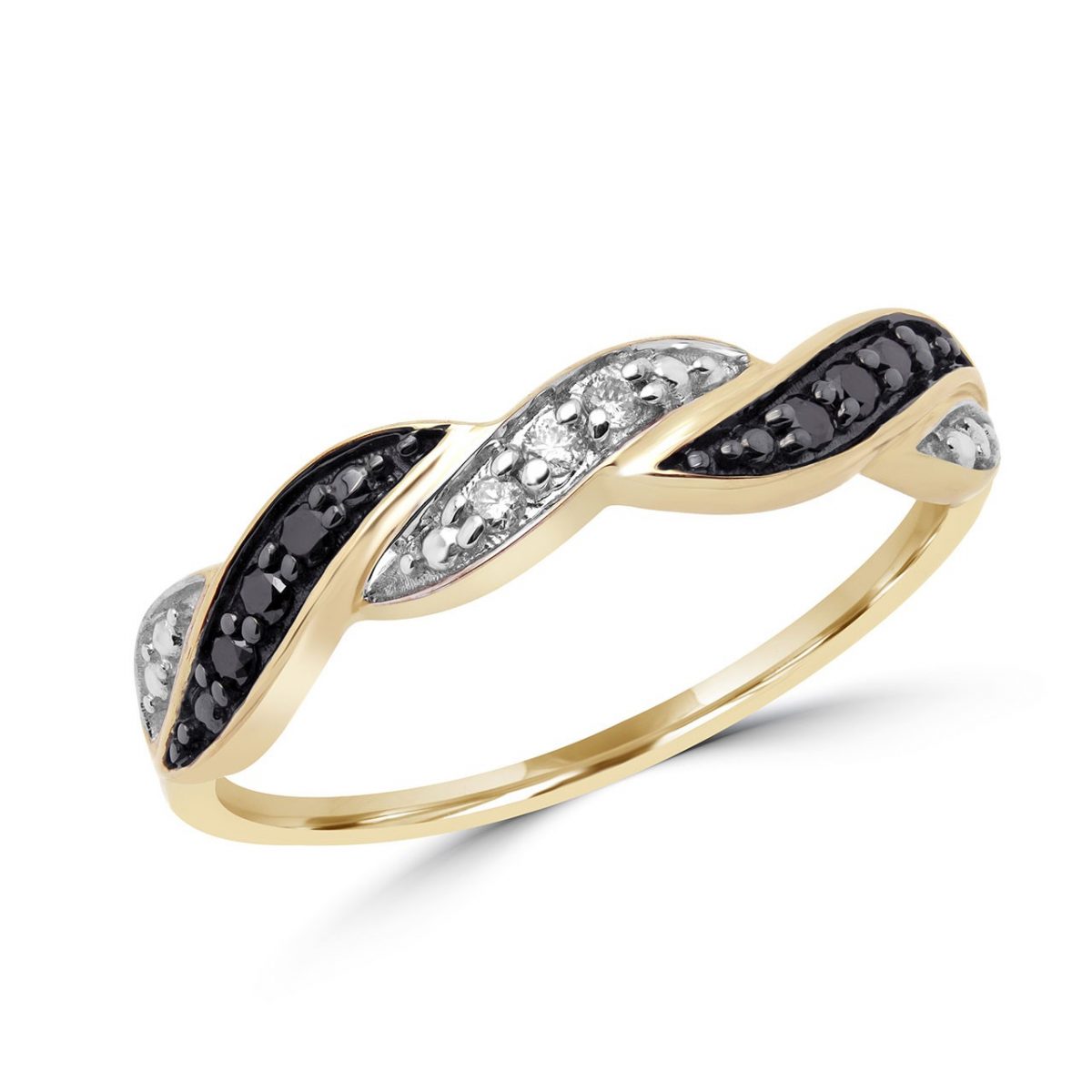 Feminine black and white diamond ring 10k yellow gold