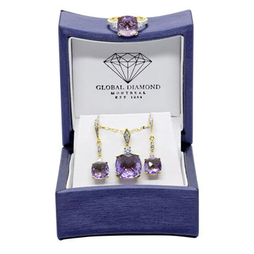 Cushion cut amethyst color CZ & diamond set in 14k yellow gold