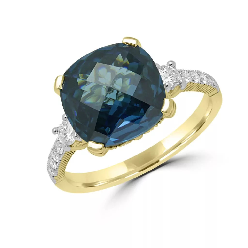 Cushion cut sapphire color CZ & diamond ring in yellow gold