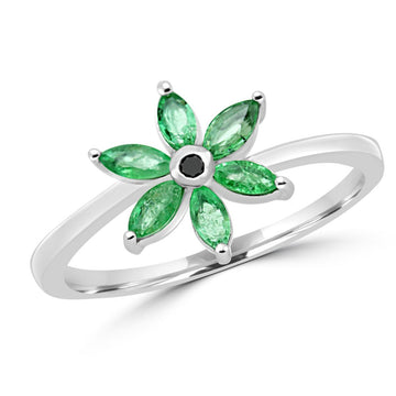 Marquise cut emeralds and black diamond flower 10k white gold ring