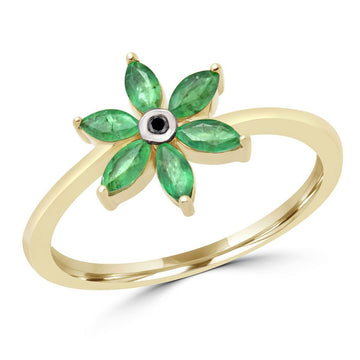 Marquise cut emerald & black diamond flower ring 10k yellow gold