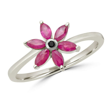 Marquise cut ruby & black diamond flower ring in 10k white gold