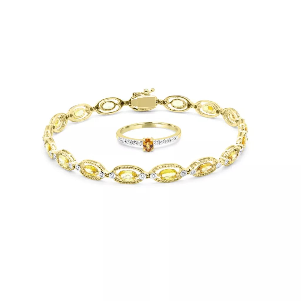 Bracelet et bague saphir et diamant 4,70 (ctw) en or jaune 14 carats 
