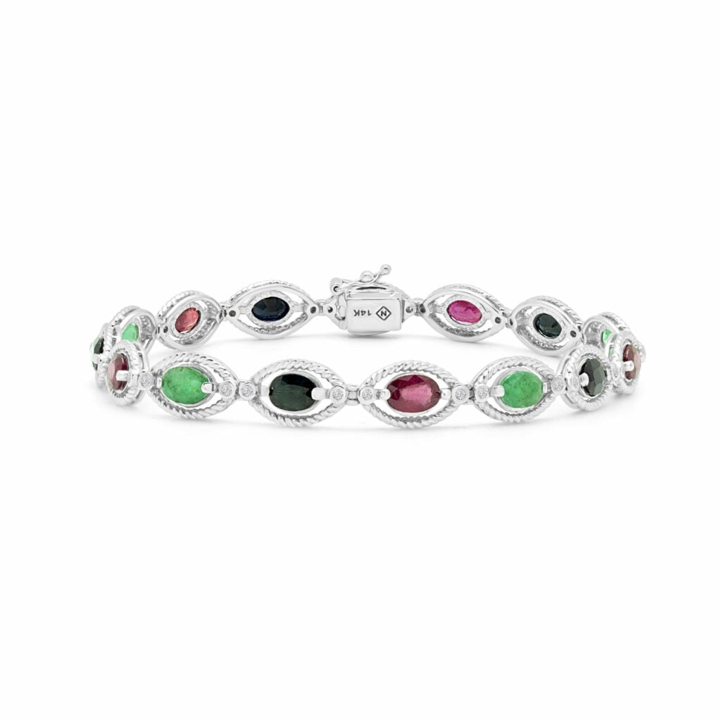 Tricolour ruby emerald sapphire bracelet in 14k white gold