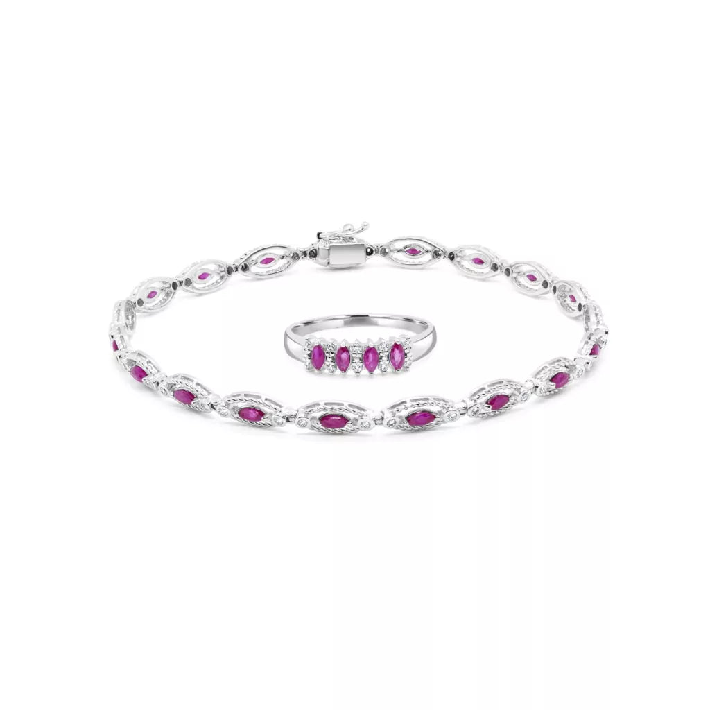 Marquise cut ruby & diamond jewelry set in 10k/14k white gold