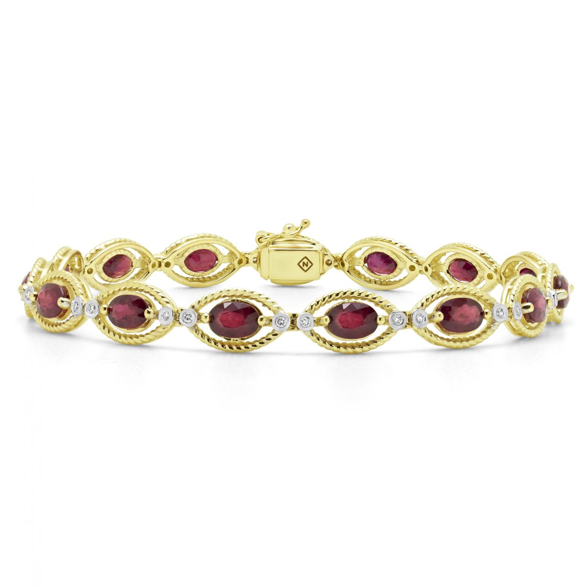 Diamonds and 9.7 carat marquis cut ruby 14k yellow gold bracelet