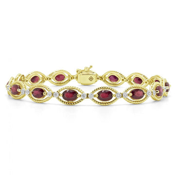 Bracelet en or jaune 14 carats avec diamants et rubis taille marquis de 9,7 carats