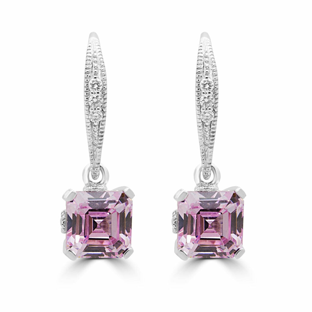 Fancy pink CZ & diamond drop earrings 0.08 (ctw) 14k white gold