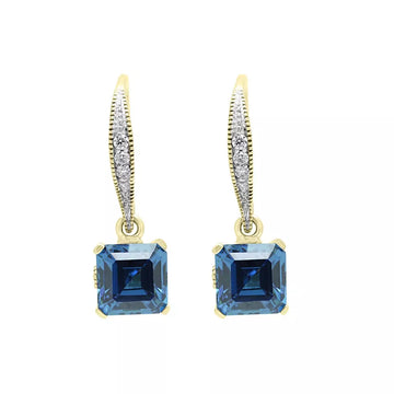 Diamond earring drops with sapphire color CZ in 14k yellow gold
