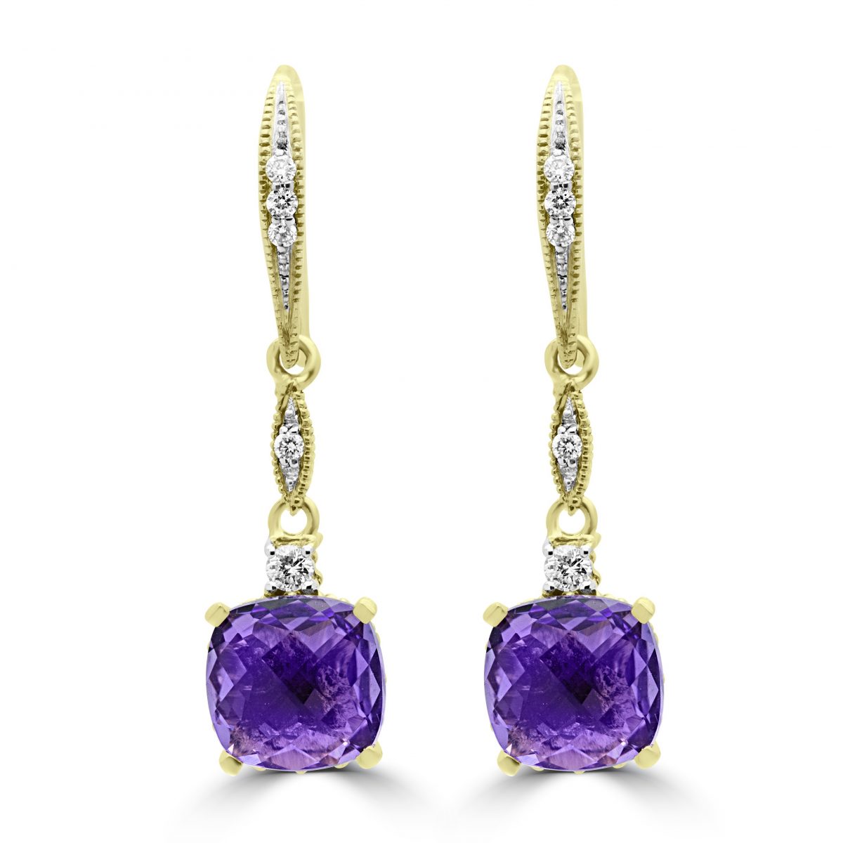 Boucles d'oreilles pendantes CZ couleur améthyste diamants 0,16 (ct) en or 14 carats