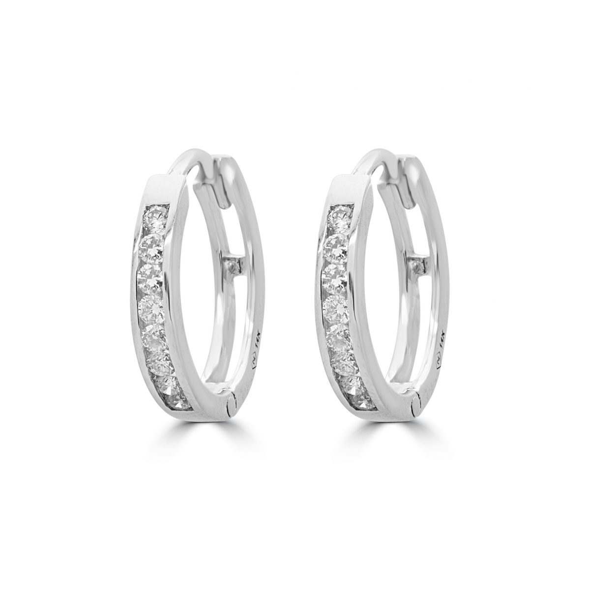 0.14 carat channel set round diamond si hoop earrings 14k white gold