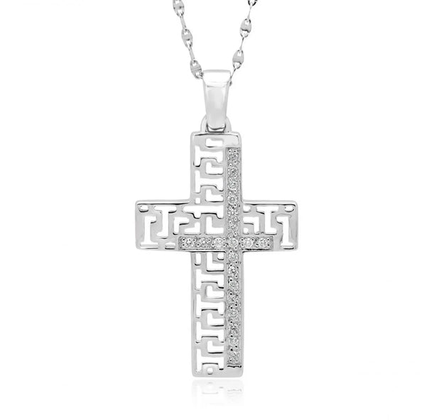0.20 carat diamond cross pendant 10k white gold greek key design