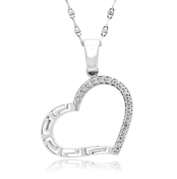 Natural Diamond greek key heart pendant in 10k white gold