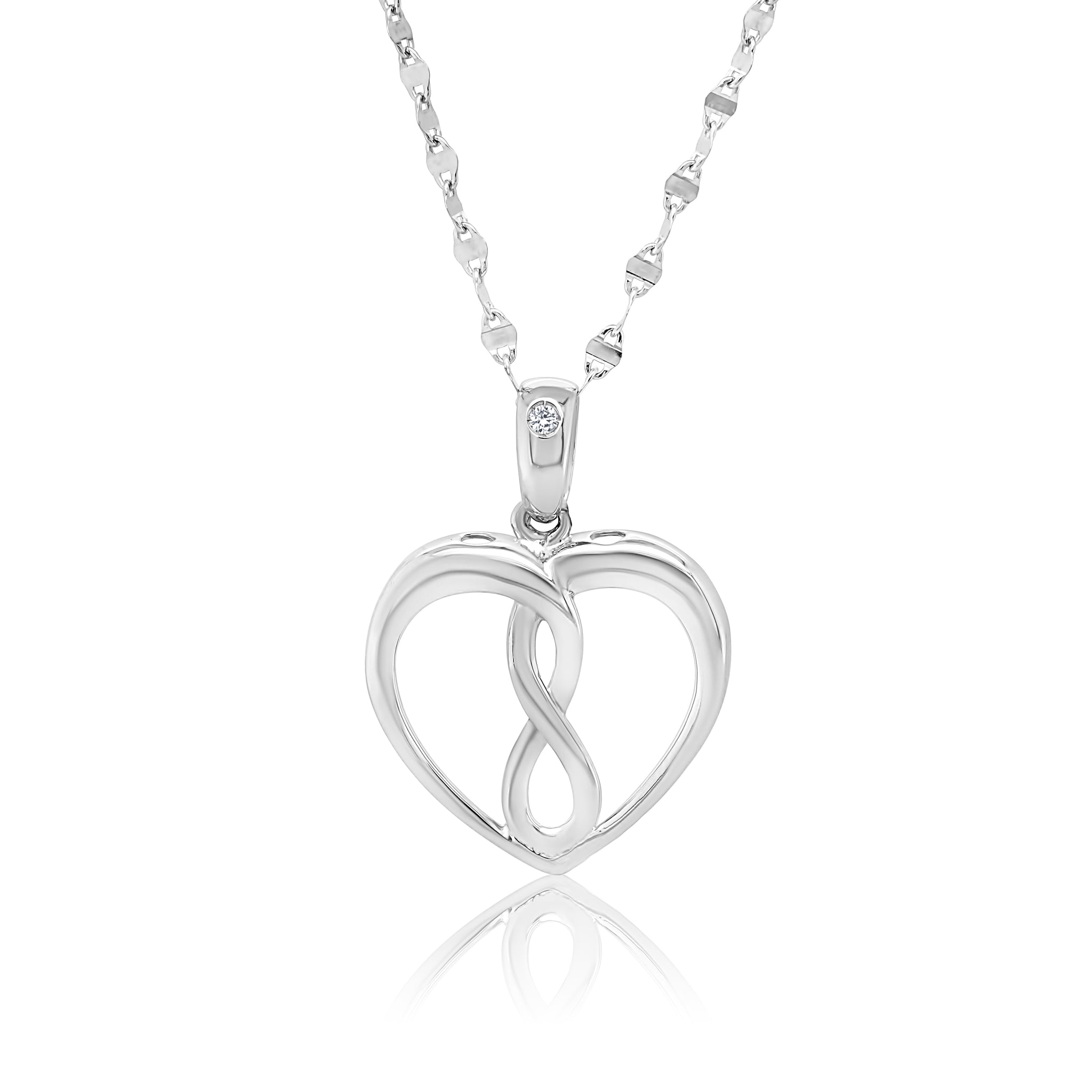 Pendentif cœur infini, or blanc 10 carats et diamant