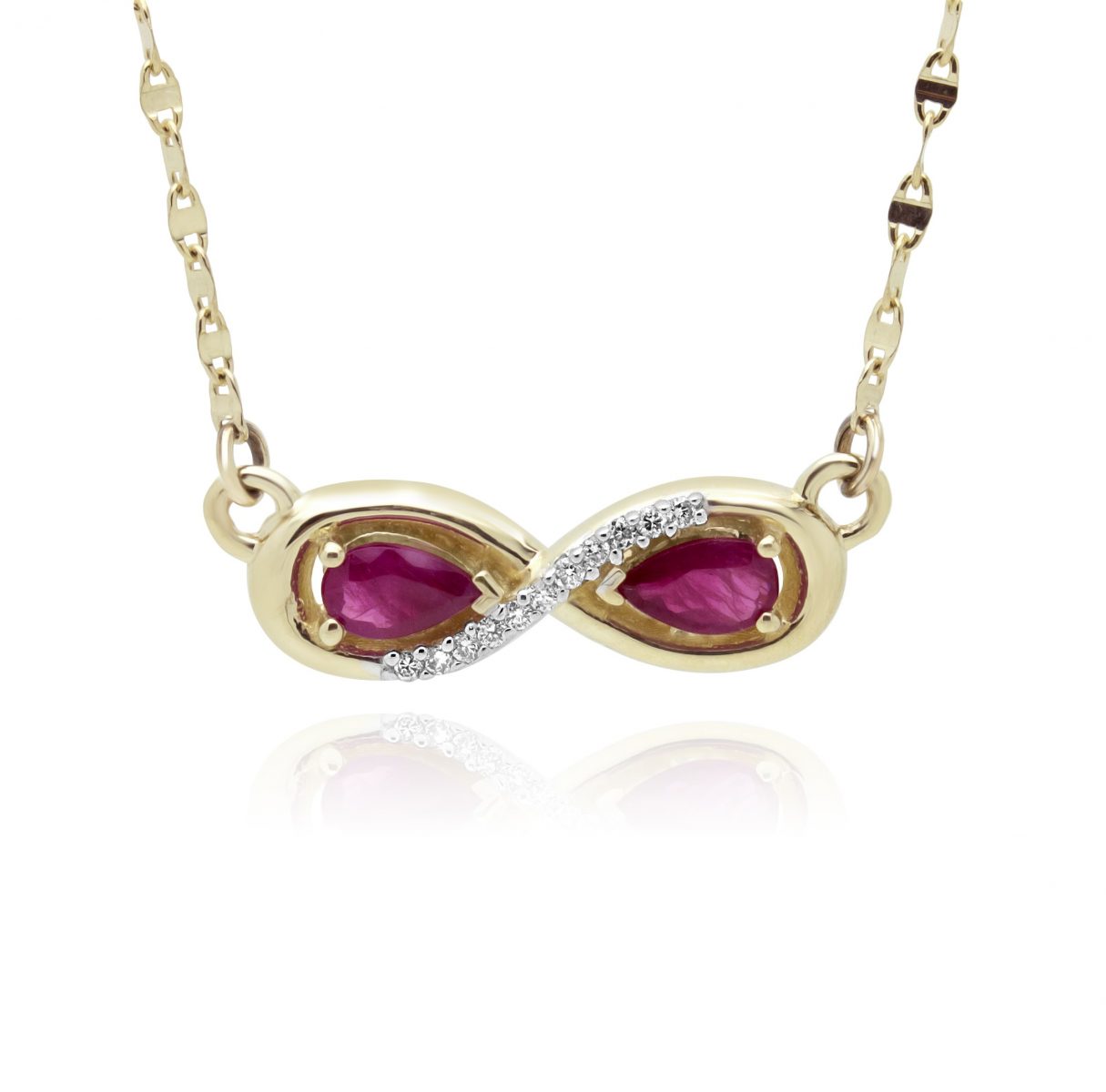 0.07 carat diamond and ruby infinity necklace 14k yellow gold