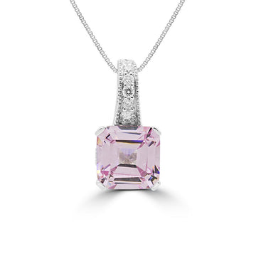 Pendentif et collier diamant et oxyde de zirconium rose fantaisie en or 14 carats