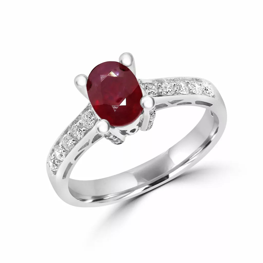 Oval cut ruby & diamond fashion cocktail ring in 10k white gold